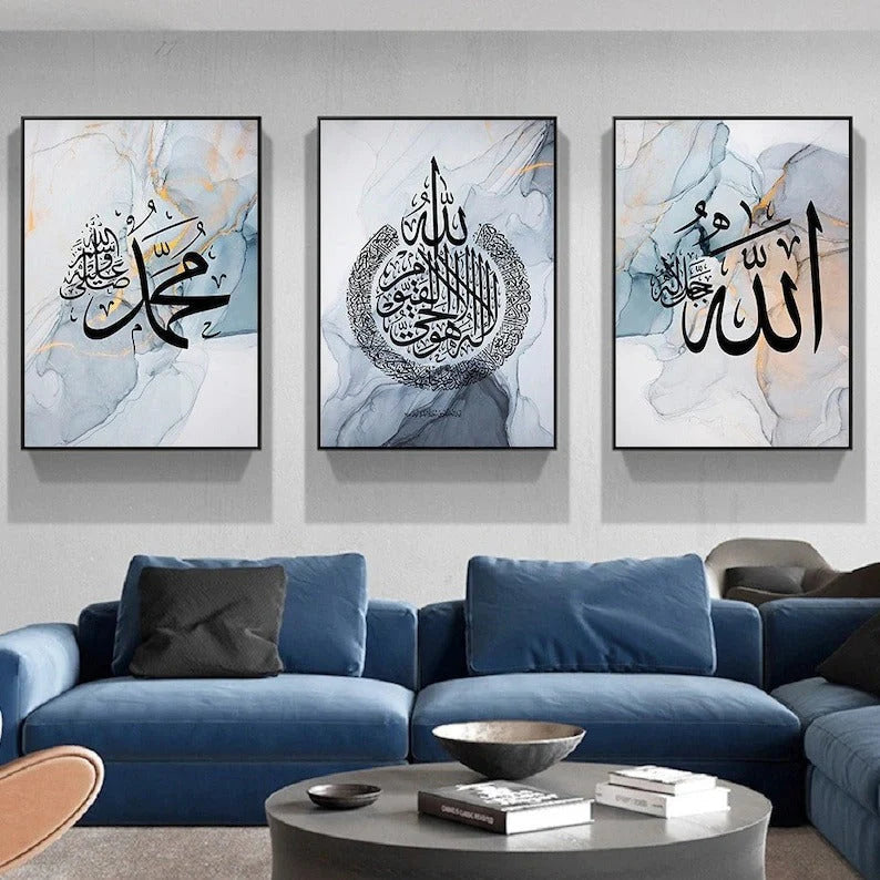 Blue Islamic Wall Art With Arabic Calligraphy- Set of 3 Wall Art CrownWall 